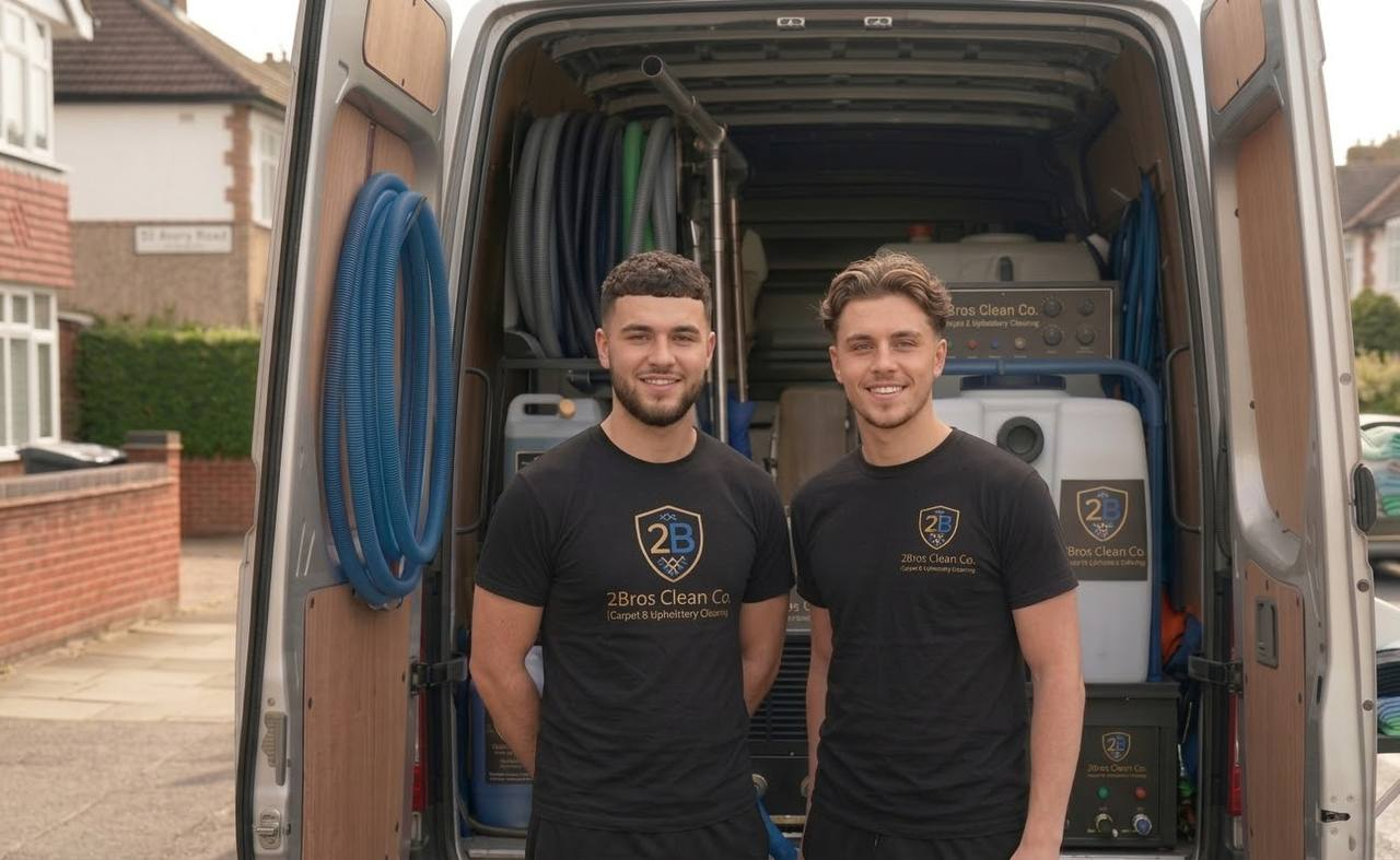 Igor and Maxim, the brothers behind 2Bros Clean Co., in front of their fully equipped cleaning van